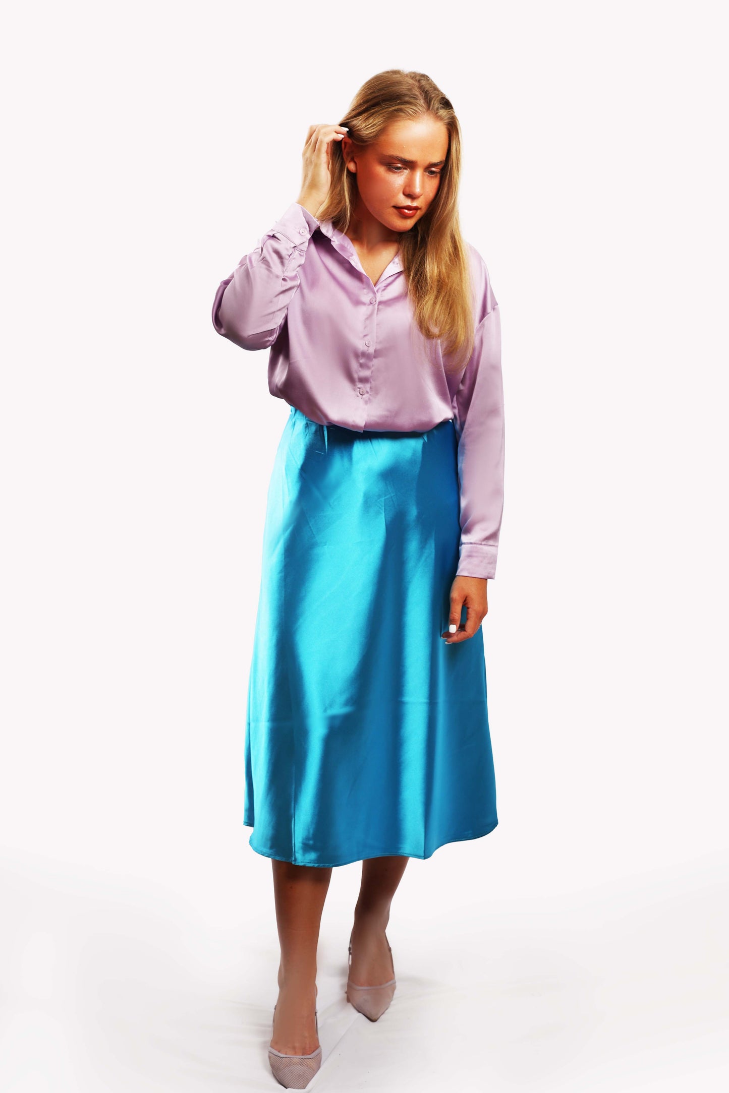 Satin Midi Skirt - Blue